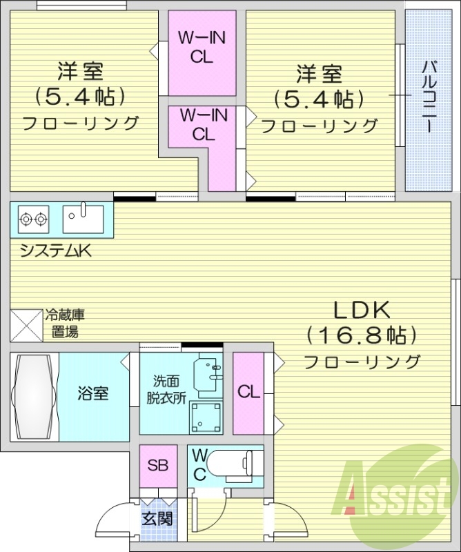 2LDK、都市ガス、エアコン、システムキッチン