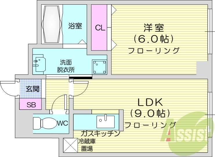 1LDK、灯油暖房、独立洗面台、室内洗濯機置場