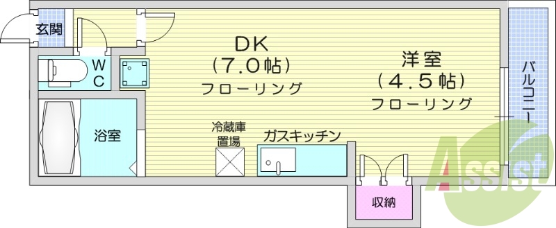 1DK、バストイレ別、ガスキッチン