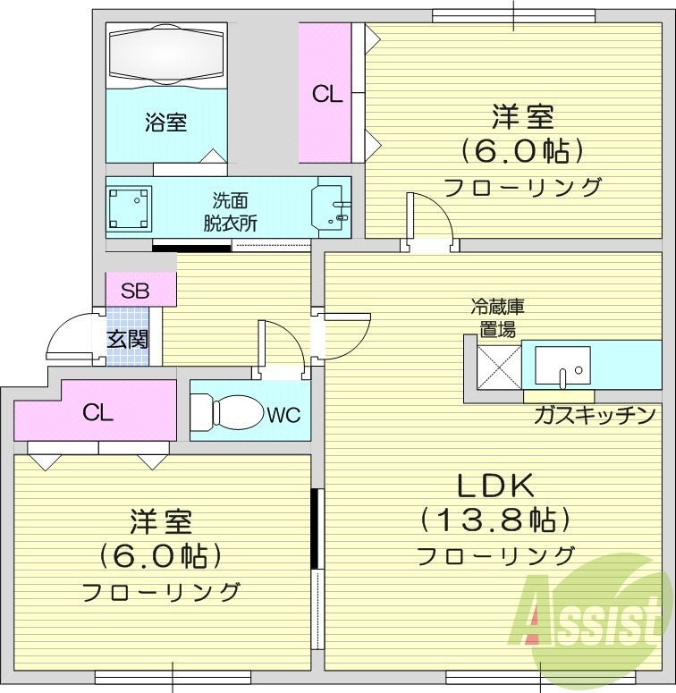 2LDK、エアコン、灯油ボイラー、ネット無料