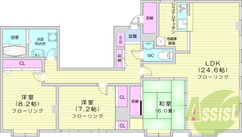 3LDK、エアコン、エレベーター、システムキッチン