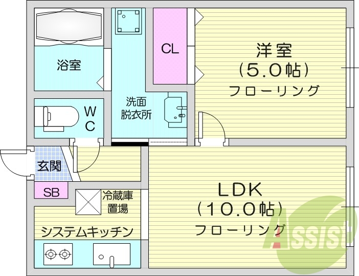 1LDK、システムキッチン、灯油暖房、トランクルーム