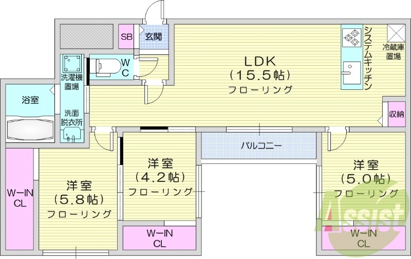 3LDK、エアコン、ウォークインクローゼット、システムK