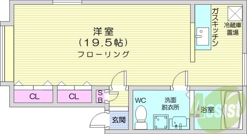 1R、都市ガス、扇風機、独立洗面台
