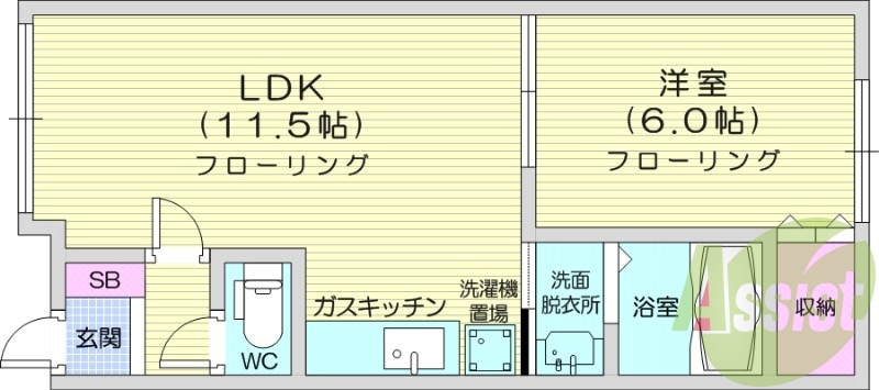 1LDK、都市ガス、浴室乾燥機、独立洗面台