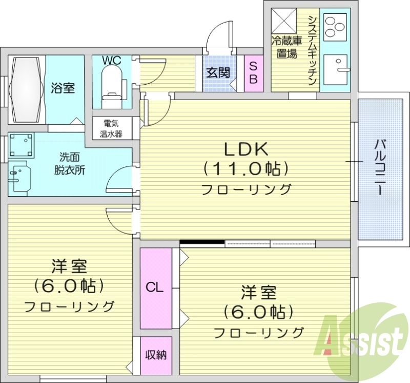 2LDK、オール電化、暖気暖房、システムキッチン
