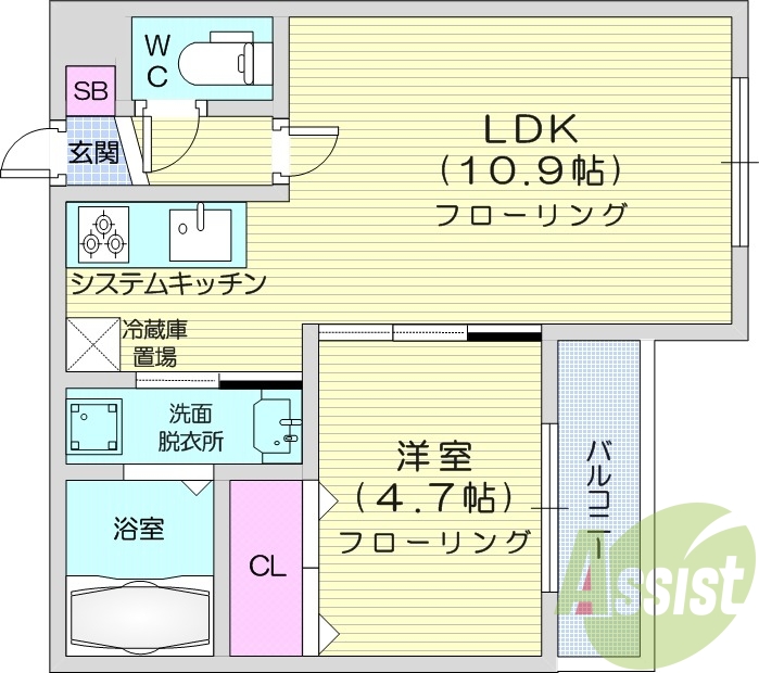 1LDK、エアコン、都市ガス暖房、エレベーター、浴室乾燥機