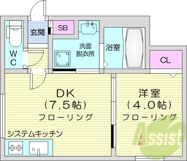 1LDK、エアコン、灯油暖房、システムキッチン