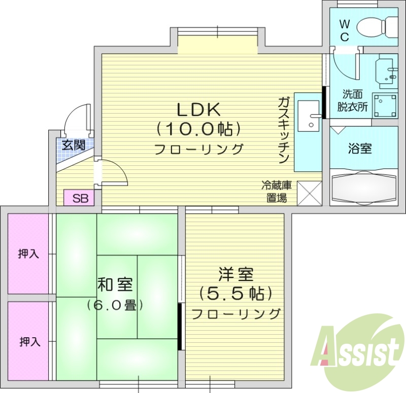 2LDK、灯油暖房、トランクルーム、バストイレ別