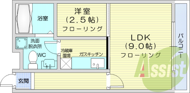 1LDK、灯油暖房、オートロック、バルコニー