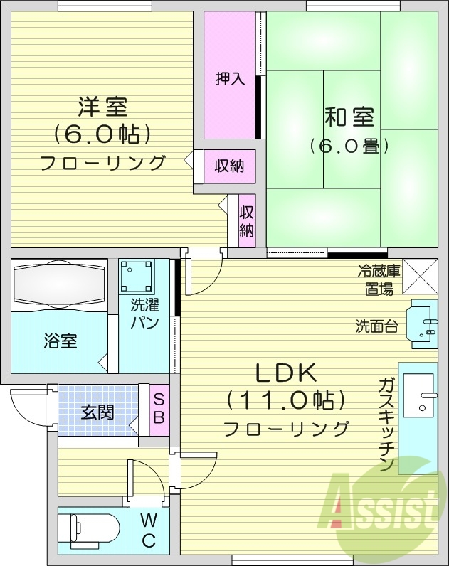 2LDK、エアコン、独立洗面台、バストイレ別