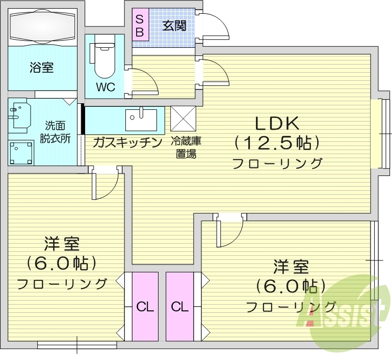 2LDK、エアコン、独立洗面台、ガスキッチン