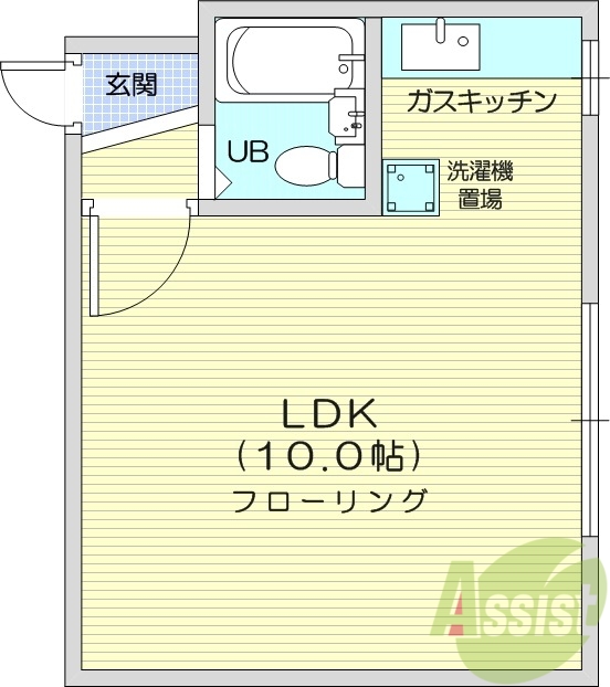1K、エアコン、都市ガス、ガスFF暖房、水道代定額