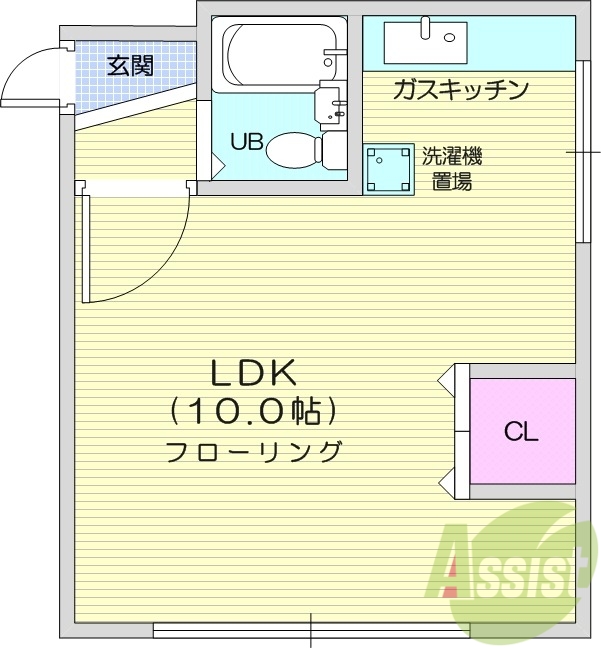 1K、エアコン、都市ガス、ガスFF暖房、水道代定額