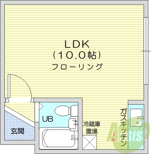 1K、エアコン、都市ガス、ガスFF暖房、水道代定額