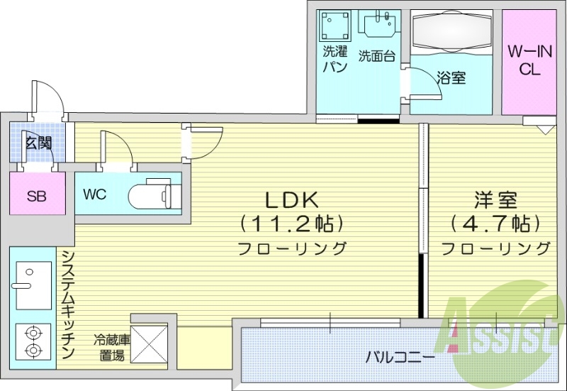 1LDK、エアコン、都市ガス、システムキッチン
