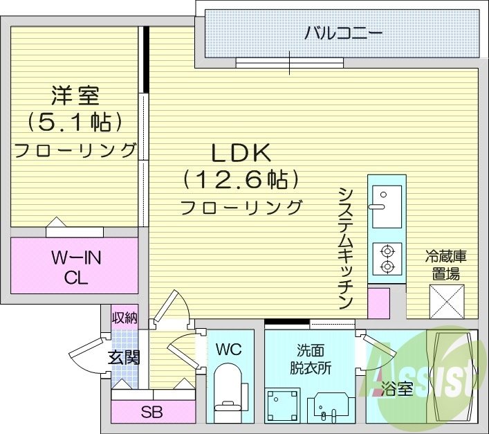 1LDK、エアコン、都市ガス、システムキッチン