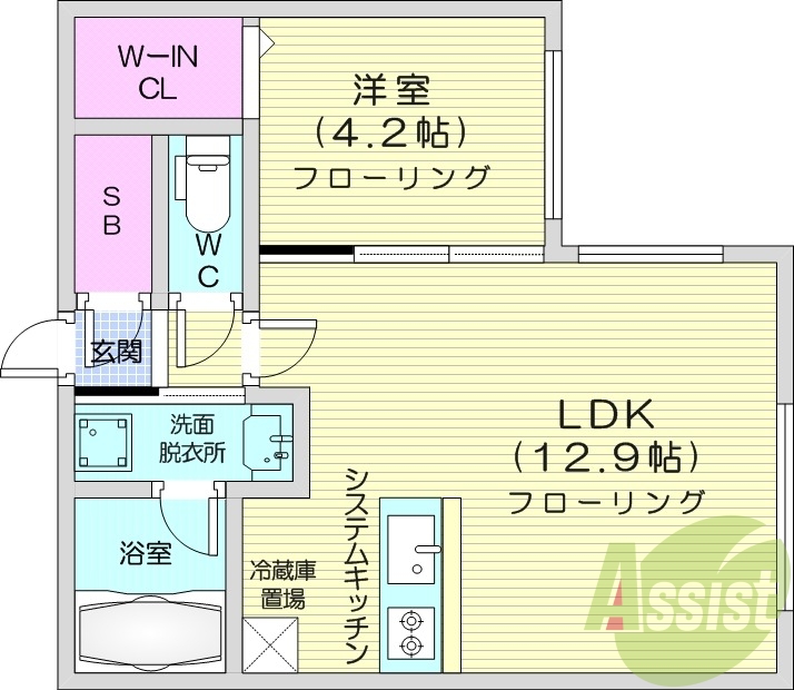 1LDK、エアコン、都市ガス、システムキッチン