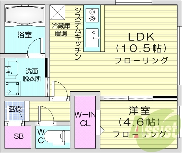 1LDK、エアコン、都市ガス、システムキッチン
