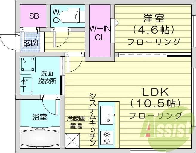 1LDK、エアコン、都市ガス、システムキッチン