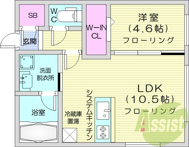1LDK、エアコン、都市ガス、システムキッチン