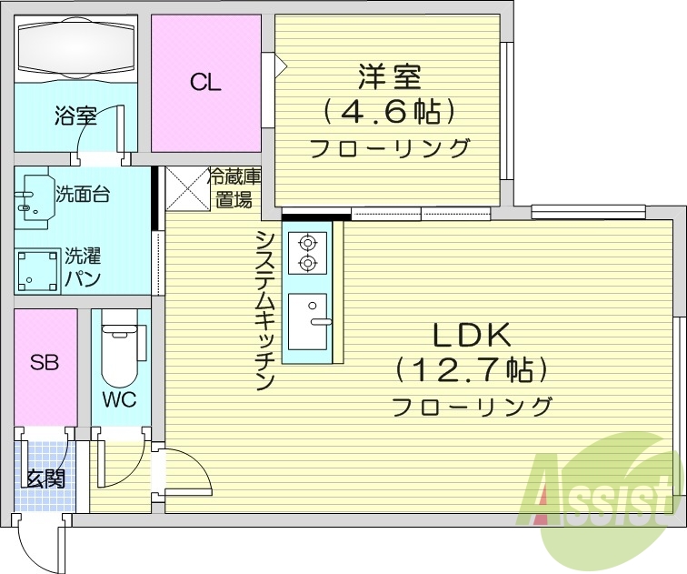 1LDK、エアコン、都市ガス、システムキッチン