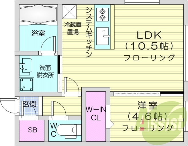 1LDK、エアコン、都市ガス、システムキッチン