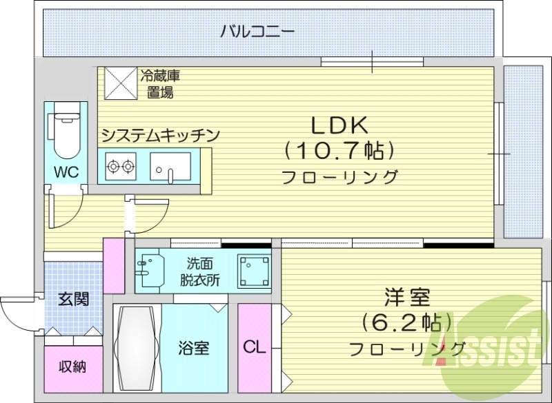 1LDK、エアコン、システムキッチン、独立洗面台