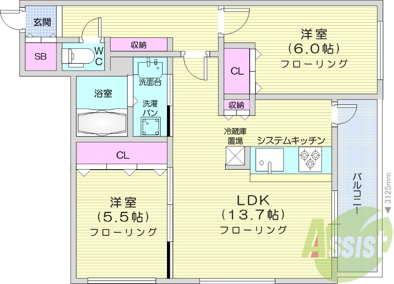 2LDK、エアコン、システムキッチン、独立洗面台