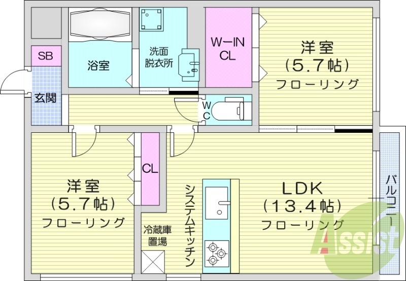 2LDK、エアコン、システムキッチン、独立洗面台