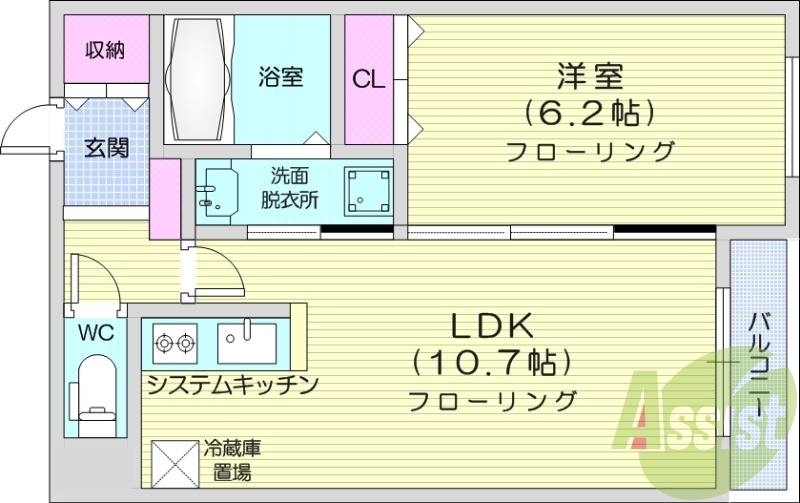 1LDK、エアコン、システムキッチン、独立洗面台
