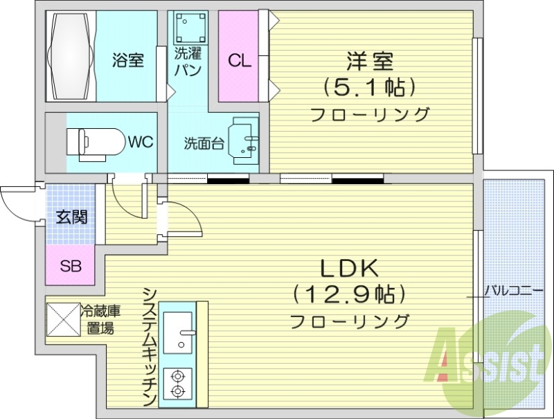 1LDK、エアコン、システムキッチン、独立洗面台
