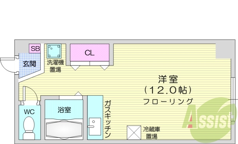 1R、都市ガス、バス・トイレ別、ネット無料
