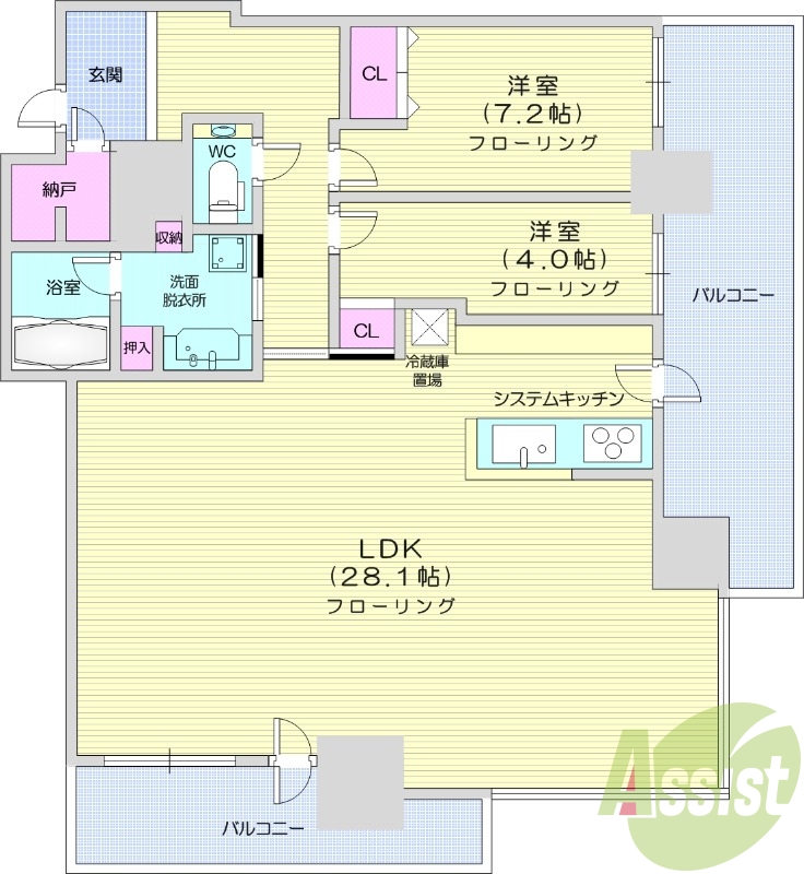 2LDK、エアコン、システムキッチン、独立洗面台、