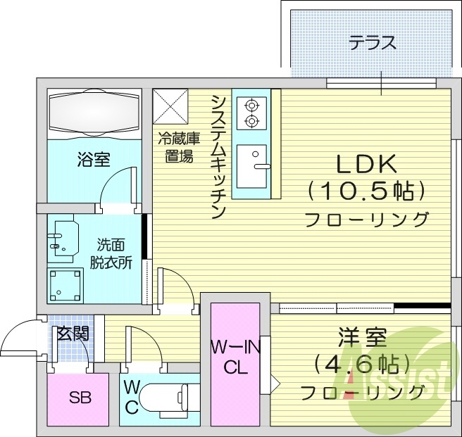 1LDK、エアコン、都市ガス、システムキッチン