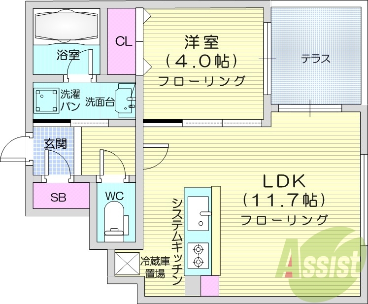1LDK、エアコン、都市ガス、システムキッチン