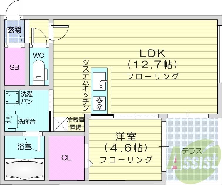 1LDK、エアコン、都市ガス、システムキッチン