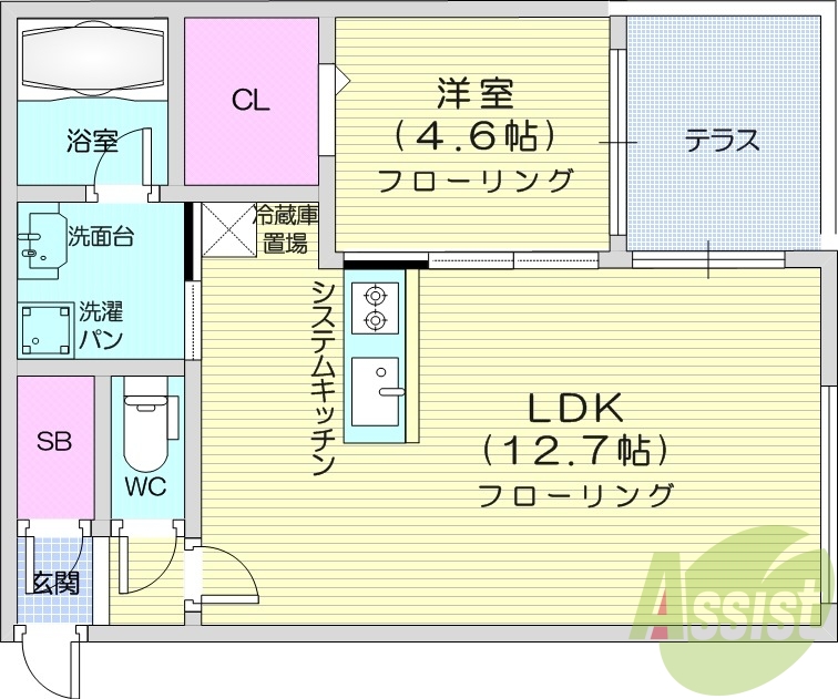 1LDK、エアコン、都市ガス、システムキッチン