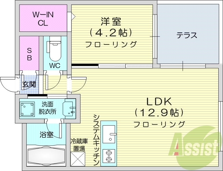 1LDK、エアコン、都市ガス、システムキッチン