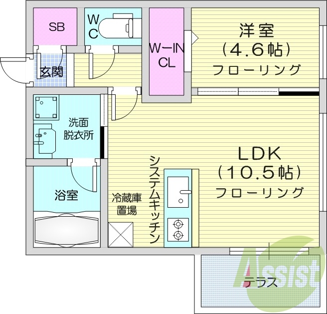 1LDK、エアコン、都市ガス、システムキッチン