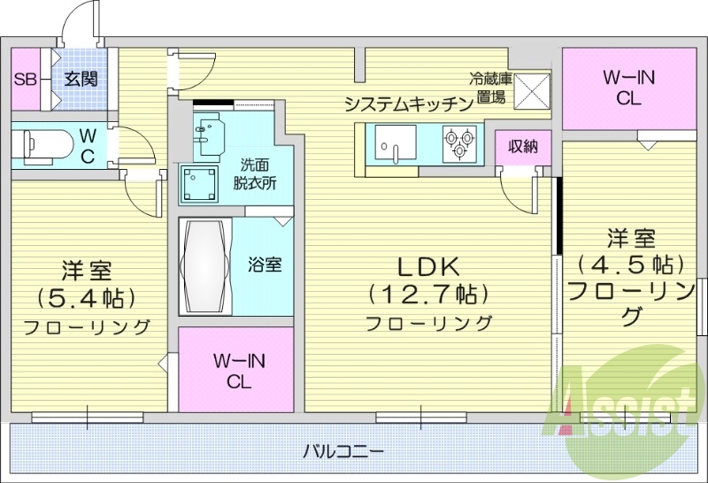 2LDK、エアコン、都市ガス、浴室乾燥機、システムキッチン