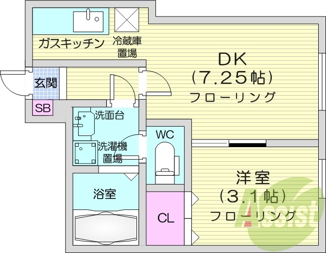 1DK、バストイレ別、室内洗濯機置場、独立洗面台
