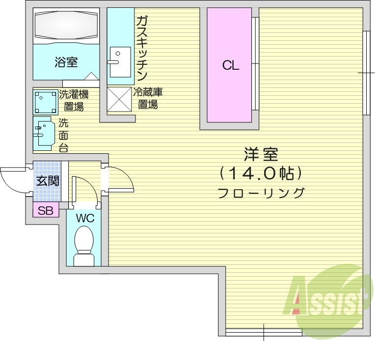 1LDK、洗髪洗面化粧台、ガスキッチン、シューズボックス