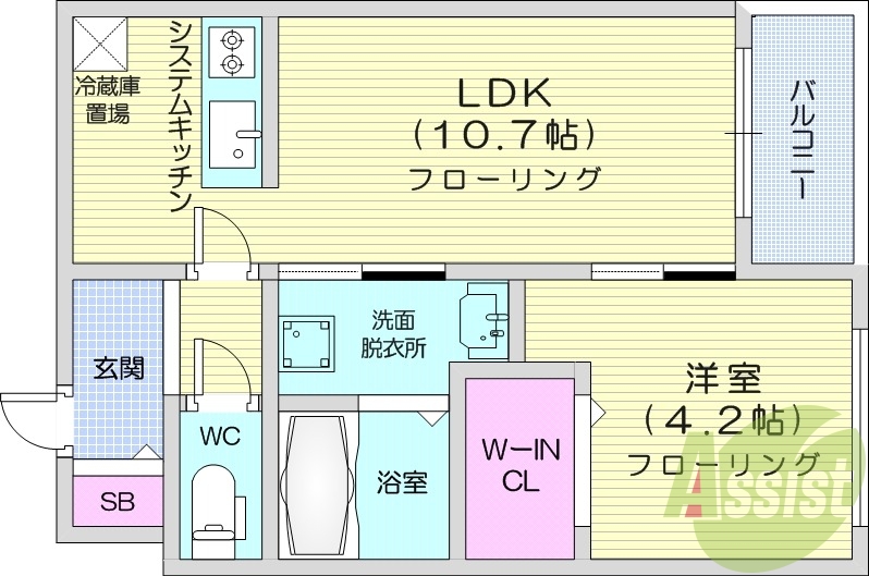 1LDK、エアコン、灯油暖房、システムキッチン