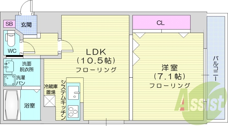 1LDK、IHシステムキッチン、シャワートイレ、独立洗面台