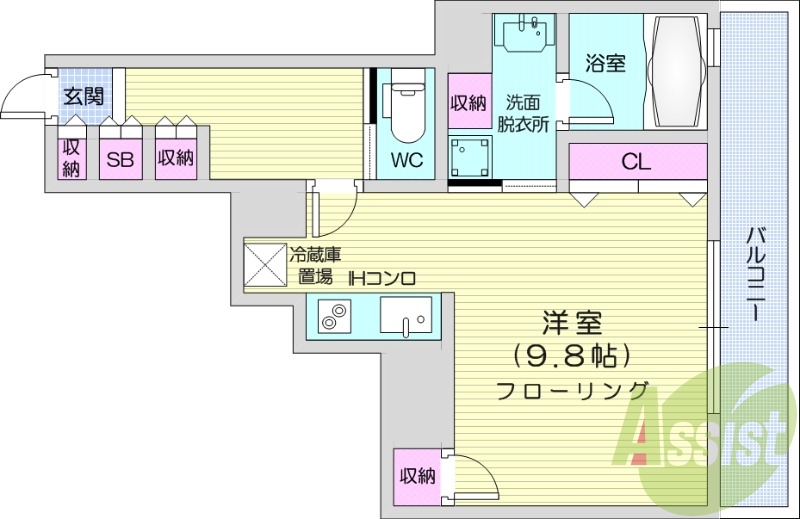 1R、オートロック、オール電化、バストイレ別