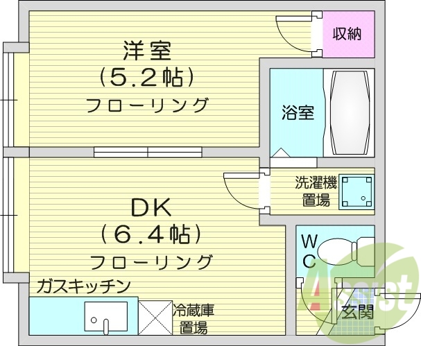 1DK、バストイレ別、インターホン、暖房灯油FF