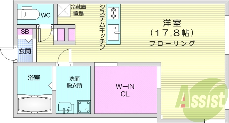 1R、エアコン、都市ガス、システムキッチン、追い焚き