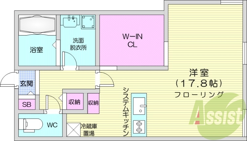 1R、エアコン、都市ガス、システムキッチン、追い焚き