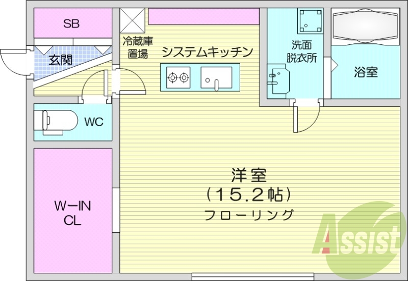 1R、エアコン、都市ガス、システムキッチン、追い焚き